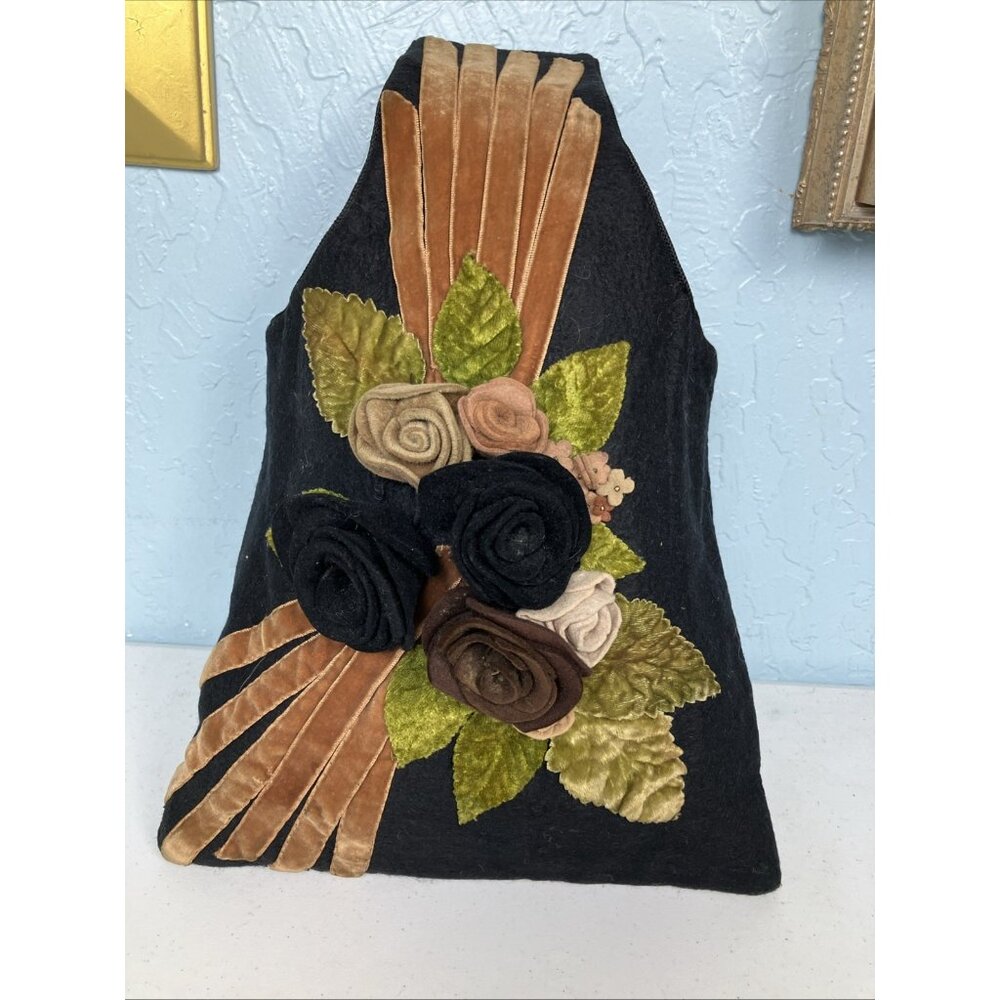 Vintage 90s Felt Moody Floral Bag Tote Roses Ribbon